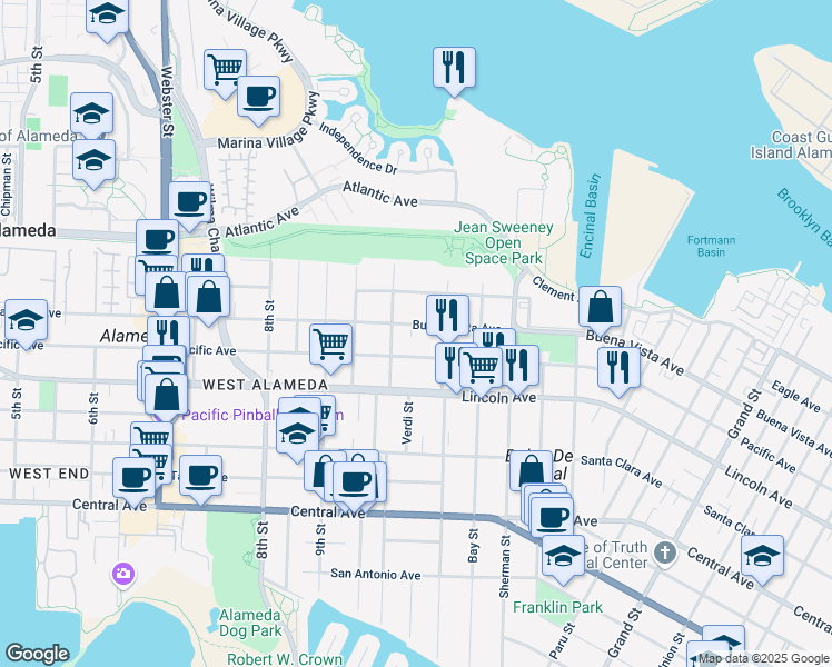 map of restaurants, bars, coffee shops, grocery stores, and more near 1024 Pacific Avenue in Alameda