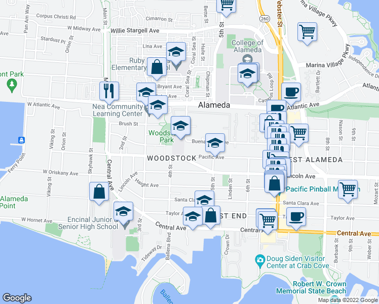 map of restaurants, bars, coffee shops, grocery stores, and more near 426 Marshall Way in Alameda