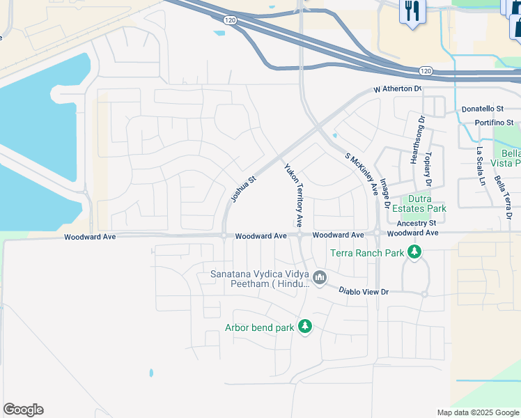 map of restaurants, bars, coffee shops, grocery stores, and more near 2950 Woodward Avenue in Manteca
