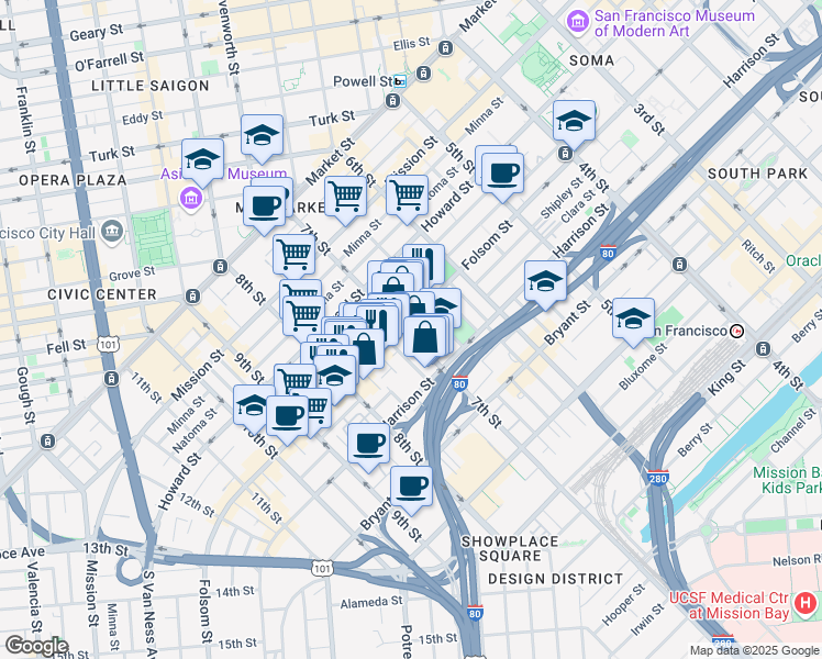 map of restaurants, bars, coffee shops, grocery stores, and more near 336 7th Street in San Francisco