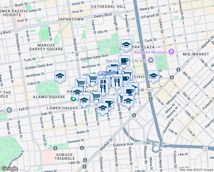 map of restaurants, bars, coffee shops, grocery stores, and more near 570 Hayes Street in San Francisco