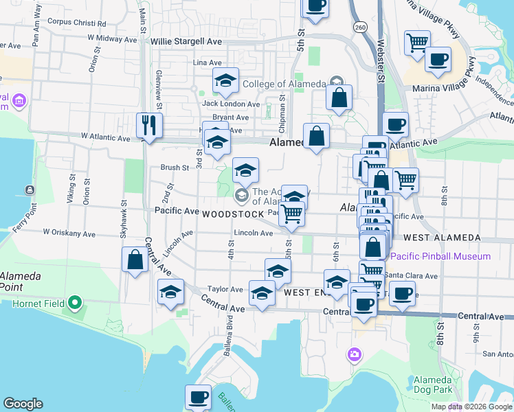 map of restaurants, bars, coffee shops, grocery stores, and more near 431 Pacific Avenue in Alameda