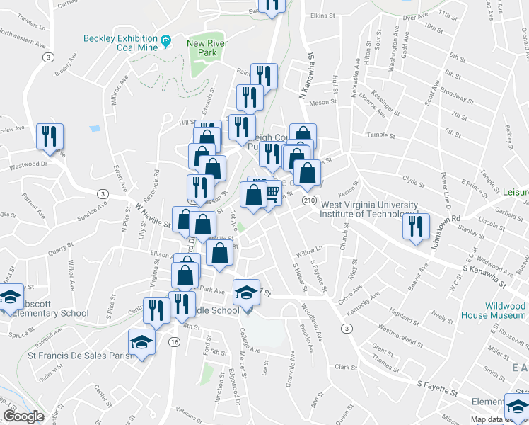 map of restaurants, bars, coffee shops, grocery stores, and more near 309 Neville Street in Beckley