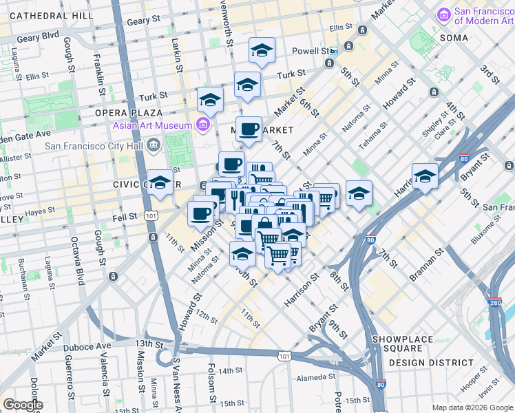 map of restaurants, bars, coffee shops, grocery stores, and more near 1208 Howard Street in San Francisco