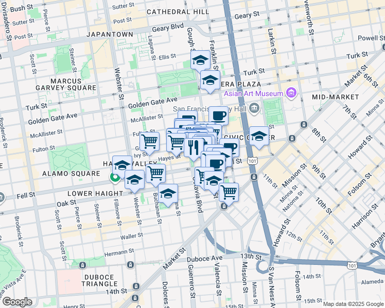 map of restaurants, bars, coffee shops, grocery stores, and more near Hayes St & Octavia St in San Francisco