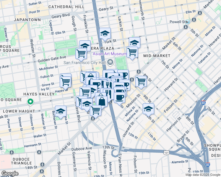 map of restaurants, bars, coffee shops, grocery stores, and more near 100 Van Ness Avenue in San Francisco