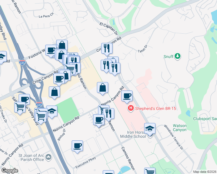 map of restaurants, bars, coffee shops, grocery stores, and more near 4736 Norris Canyon Road in San Ramon