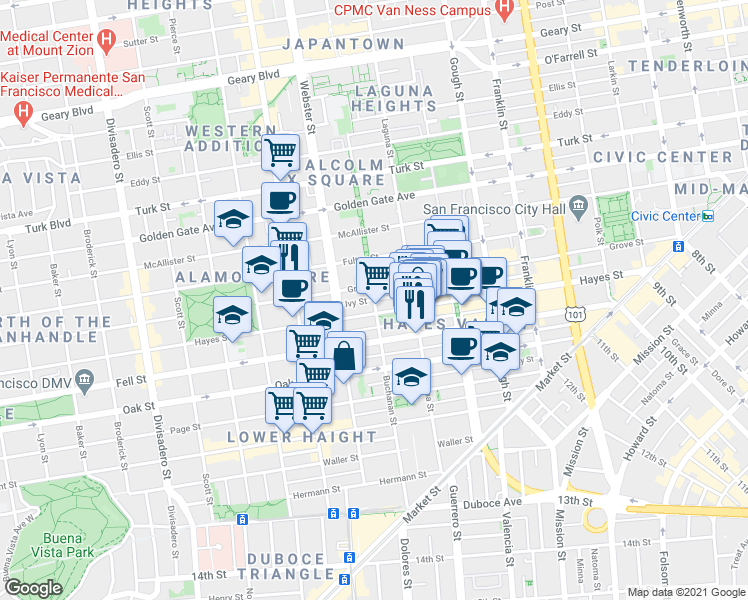 map of restaurants, bars, coffee shops, grocery stores, and more near Buchanan St & Ivy St in San Francisco