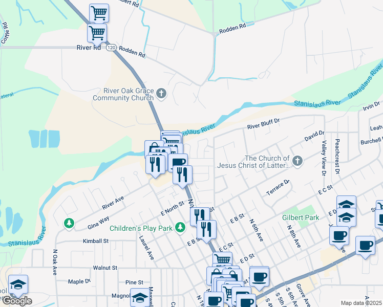 map of restaurants, bars, coffee shops, grocery stores, and more near 780-800 North Yosemite Avenue in Oakdale