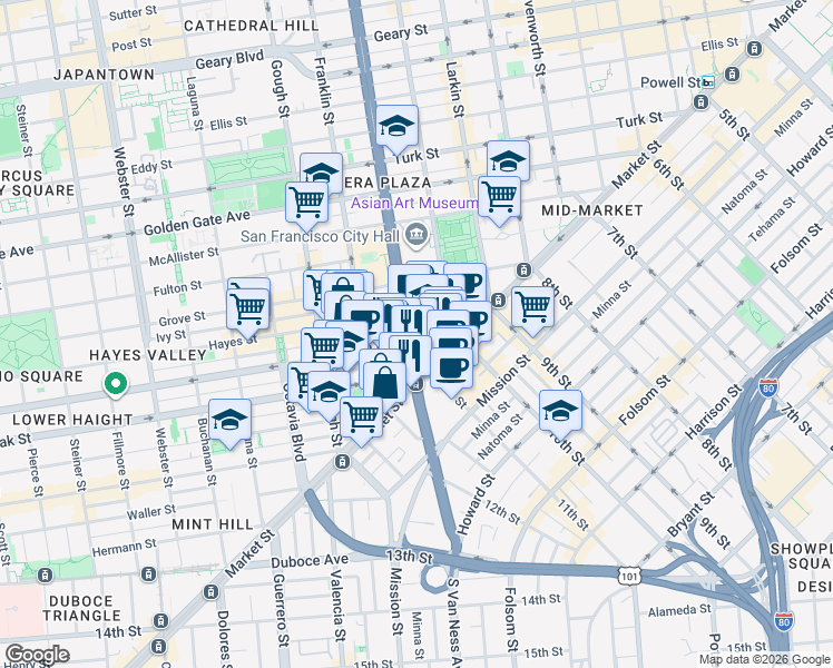 map of restaurants, bars, coffee shops, grocery stores, and more near 100 Van Ness Avenue in San Francisco