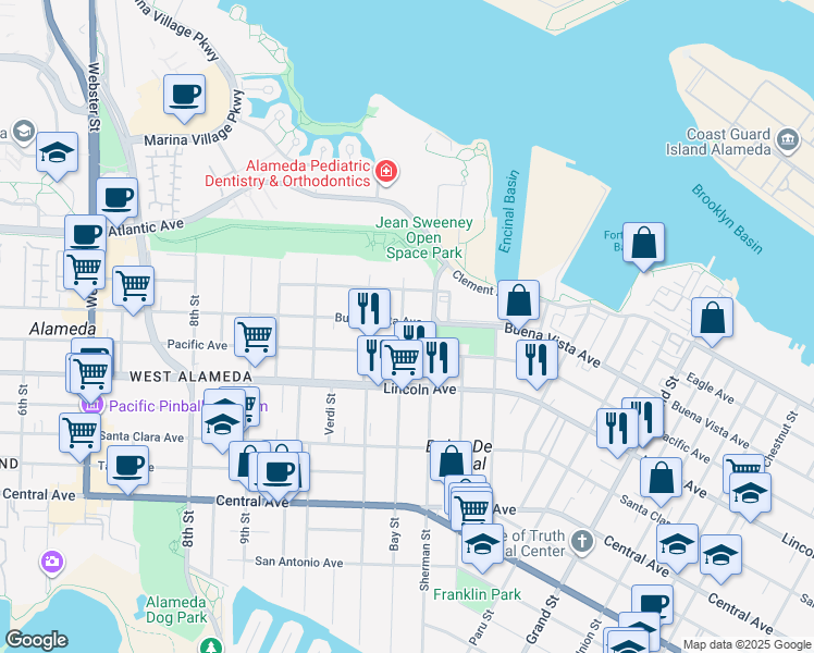 map of restaurants, bars, coffee shops, grocery stores, and more near 1722 Bay Street in Alameda