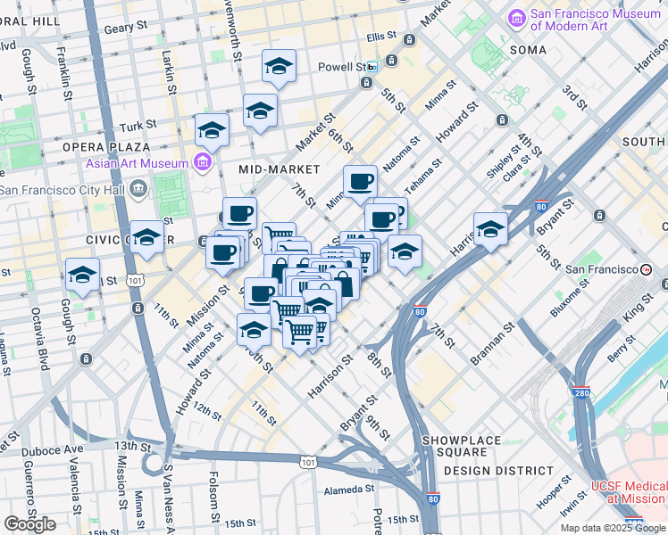 map of restaurants, bars, coffee shops, grocery stores, and more near 58 Sumner Street in San Francisco