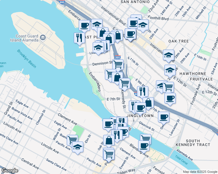 map of restaurants, bars, coffee shops, grocery stores, and more near 2121 Diesel Street in Oakland