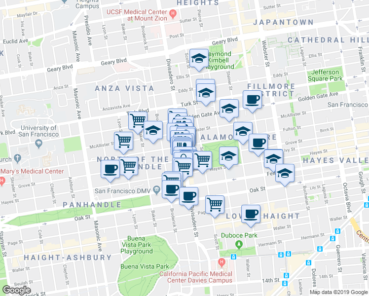 map of restaurants, bars, coffee shops, grocery stores, and more near 762 Divisadero Street in San Francisco
