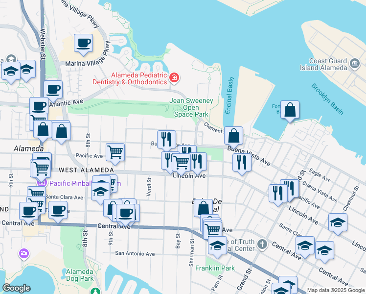 map of restaurants, bars, coffee shops, grocery stores, and more near 1722 Bay Street in Alameda