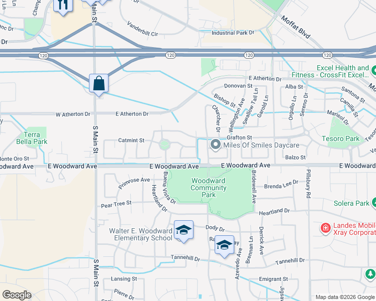 map of restaurants, bars, coffee shops, grocery stores, and more near 1709 Paola Lane in Manteca