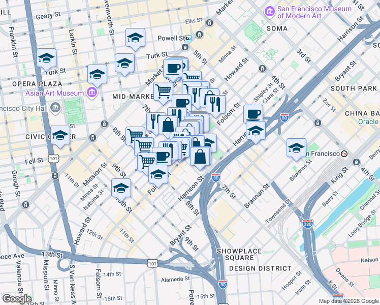 map of restaurants, bars, coffee shops, grocery stores, and more near Folsom St & 7th St in San Francisco