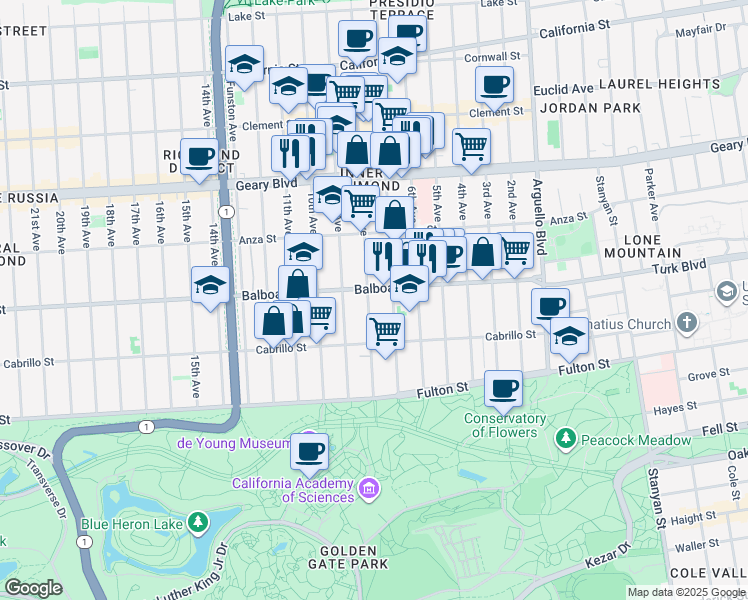 map of restaurants, bars, coffee shops, grocery stores, and more near 614 8th Avenue in San Francisco