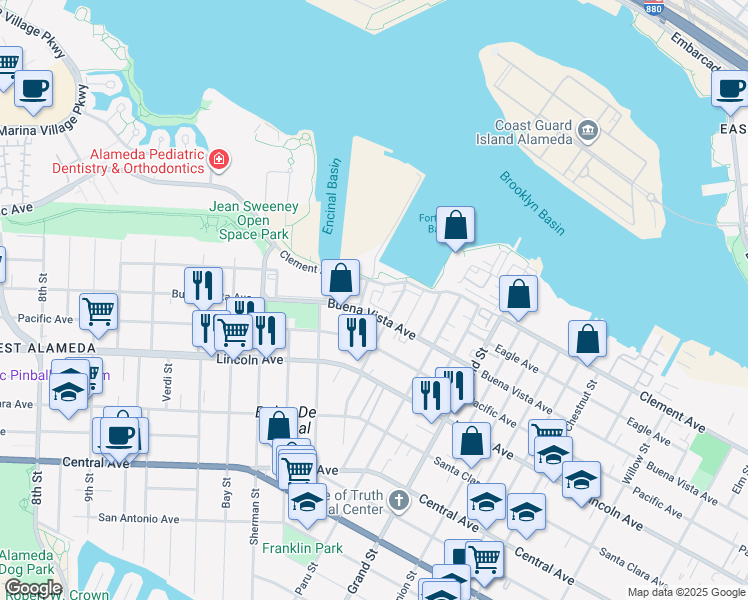 map of restaurants, bars, coffee shops, grocery stores, and more near 1815 Balsa Street in Alameda