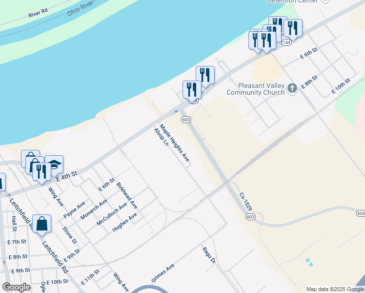 map of restaurants, bars, coffee shops, grocery stores, and more near 521 Maple Heights Avenue in Owensboro