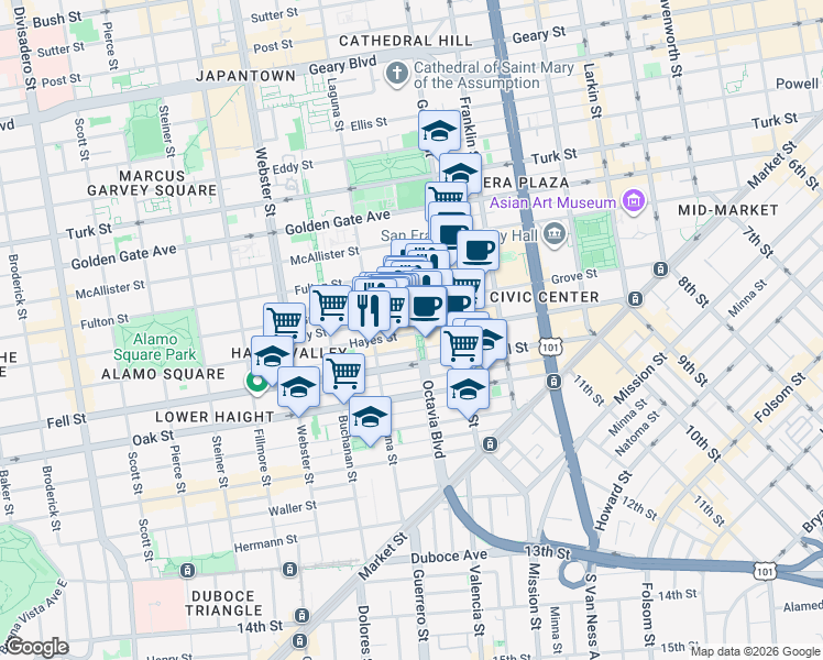 map of restaurants, bars, coffee shops, grocery stores, and more near 500 Hayes Street in San Francisco