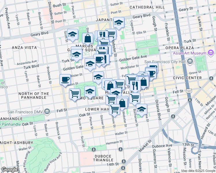 map of restaurants, bars, coffee shops, grocery stores, and more near Fillmore St & Grove St in San Francisco