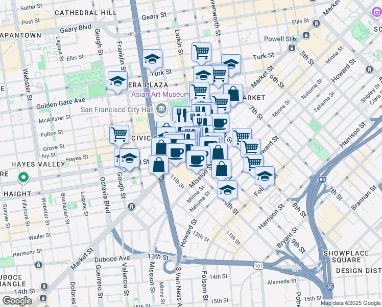 map of restaurants, bars, coffee shops, grocery stores, and more near 1355 Market Street in San Francisco