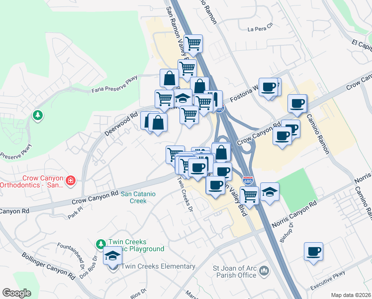 map of restaurants, bars, coffee shops, grocery stores, and more near 2600 Old Crow Canyon Road in San Ramon