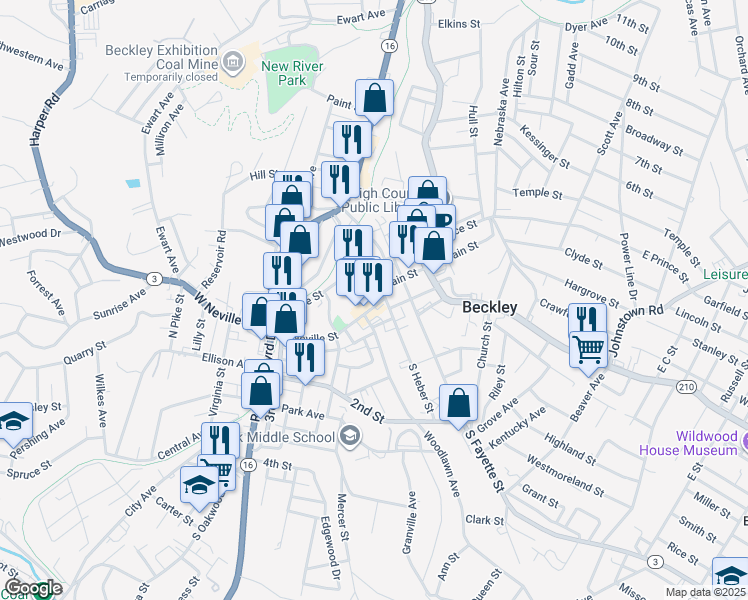 map of restaurants, bars, coffee shops, grocery stores, and more near 116 North Heber Street in Beckley