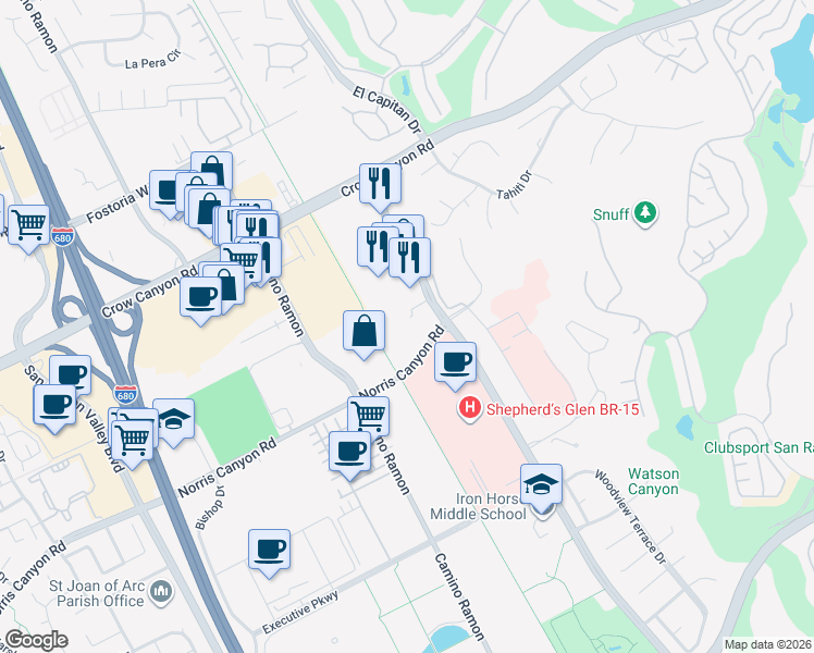 map of restaurants, bars, coffee shops, grocery stores, and more near 12885 Alcosta Boulevard in San Ramon