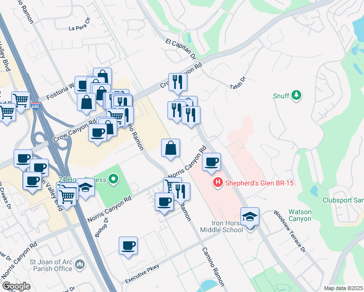 map of restaurants, bars, coffee shops, grocery stores, and more near 12885 Alcosta Boulevard in San Ramon