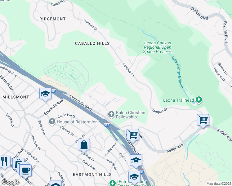map of restaurants, bars, coffee shops, grocery stores, and more near 7566 Altura Place in Oakland