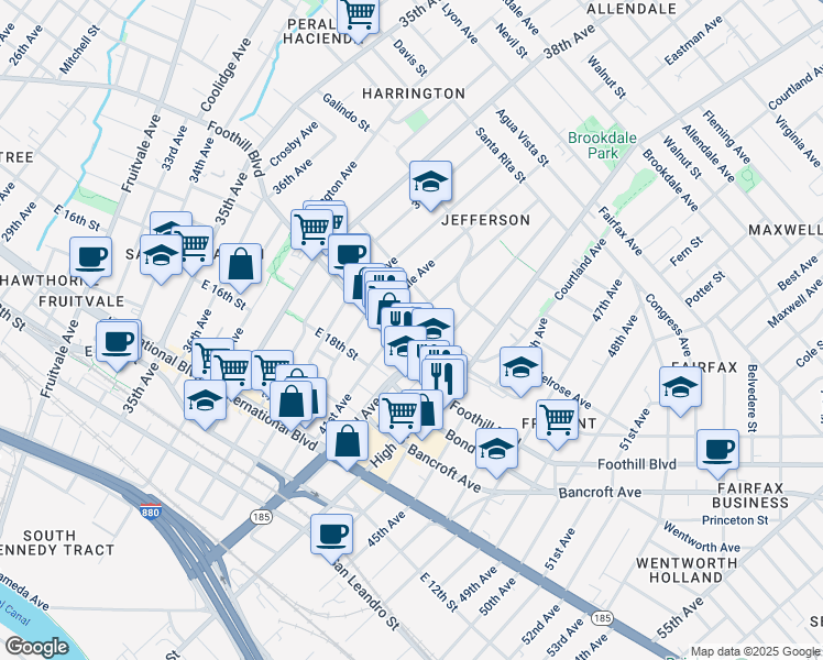 map of restaurants, bars, coffee shops, grocery stores, and more near 1961 41st Avenue in Oakland