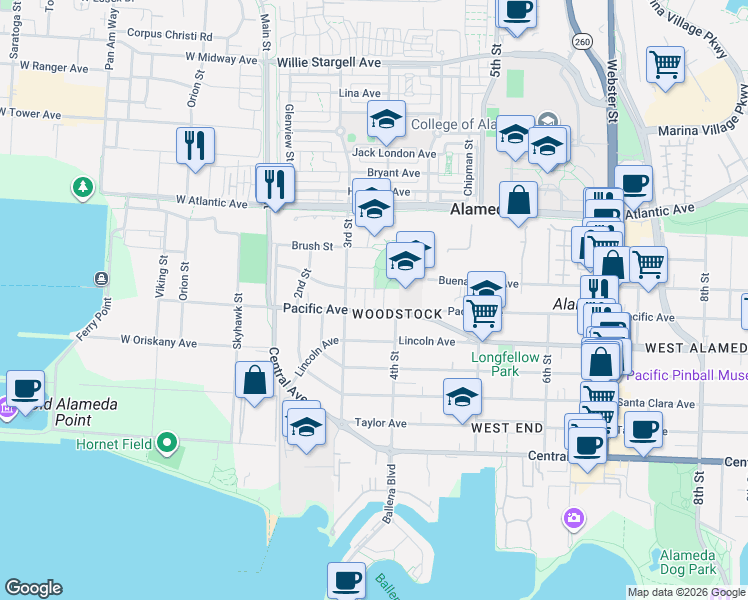 map of restaurants, bars, coffee shops, grocery stores, and more near 1812 3rd Street in Alameda