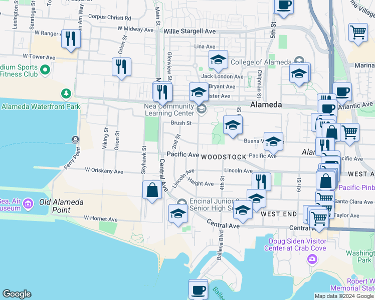 map of restaurants, bars, coffee shops, grocery stores, and more near 219 Cypress Street in Alameda