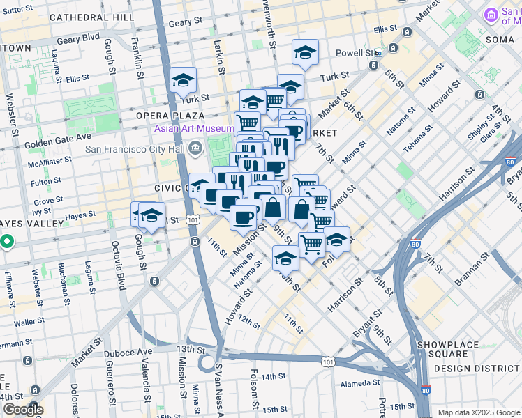 map of restaurants, bars, coffee shops, grocery stores, and more near 1275 Market Street in San Francisco