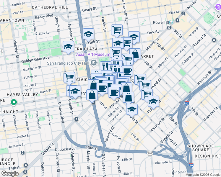 map of restaurants, bars, coffee shops, grocery stores, and more near in San Francisco