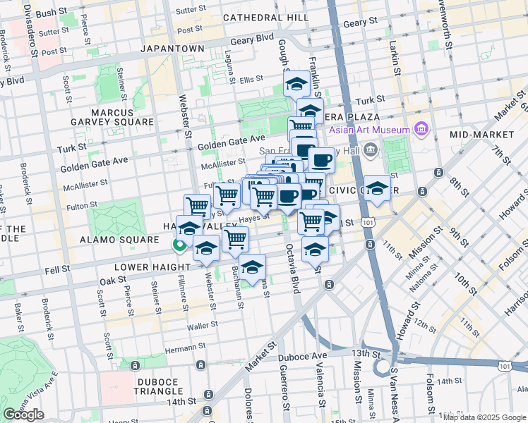 map of restaurants, bars, coffee shops, grocery stores, and more near 531 Grove Street in San Francisco
