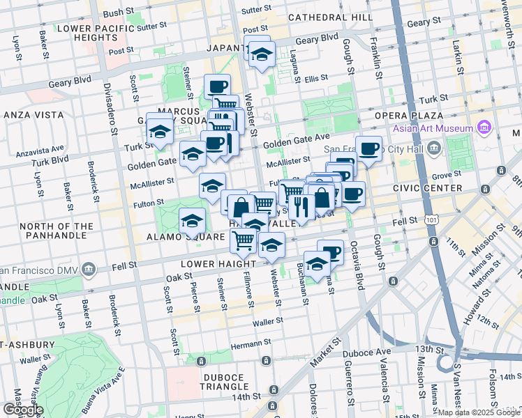 map of restaurants, bars, coffee shops, grocery stores, and more near 741 Webster Street in San Francisco