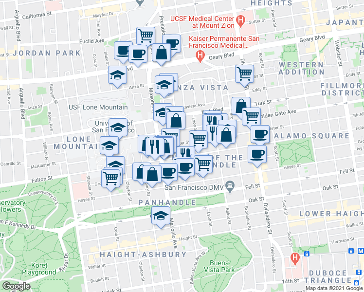 map of restaurants, bars, coffee shops, grocery stores, and more near 836 Central Avenue in San Francisco