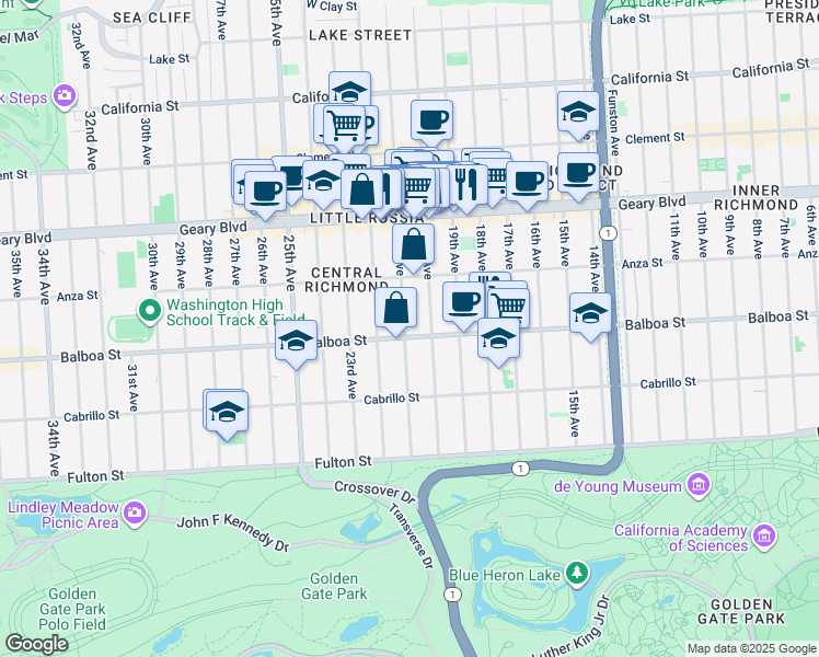map of restaurants, bars, coffee shops, grocery stores, and more near 547 20th Avenue in San Francisco
