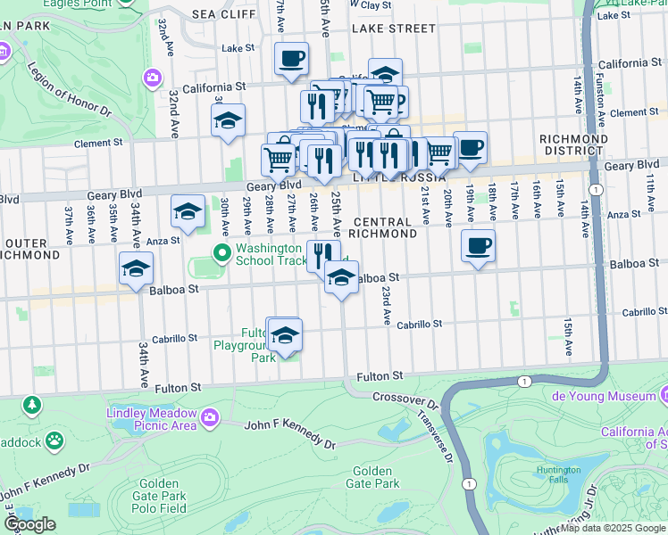 map of restaurants, bars, coffee shops, grocery stores, and more near 630 26th Avenue in San Francisco