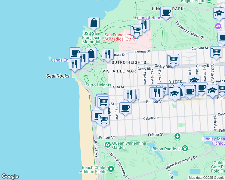 map of restaurants, bars, coffee shops, grocery stores, and more near 576 47th Avenue in San Francisco