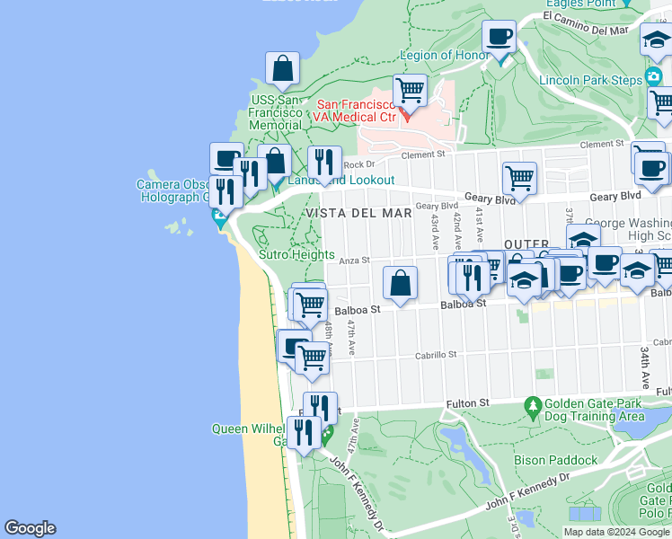 map of restaurants, bars, coffee shops, grocery stores, and more near 576 47th Avenue in San Francisco