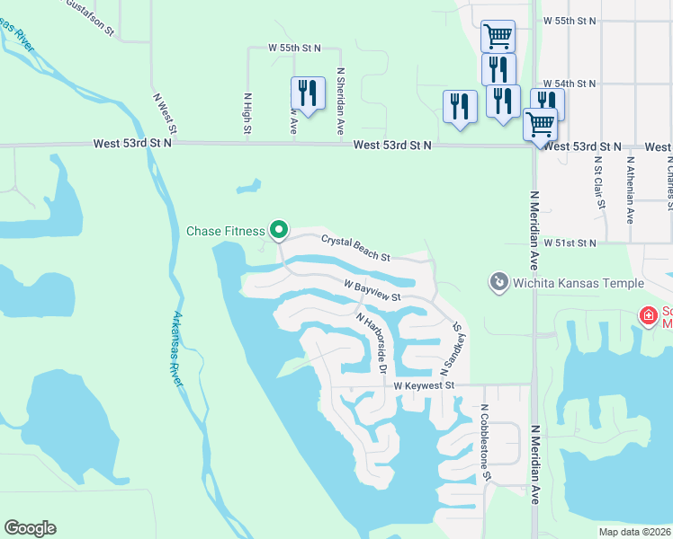 map of restaurants, bars, coffee shops, grocery stores, and more near Crystal Beach Street in Wichita