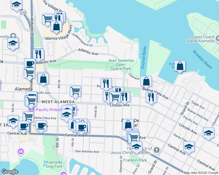 map of restaurants, bars, coffee shops, grocery stores, and more near 1110 Buena Vista Avenue in Alameda