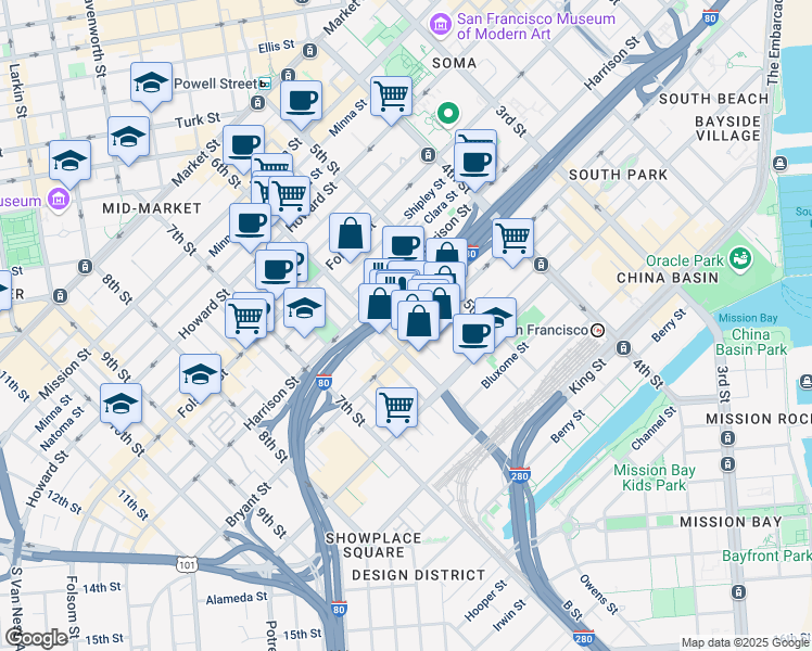 map of restaurants, bars, coffee shops, grocery stores, and more near Morris Street in San Francisco