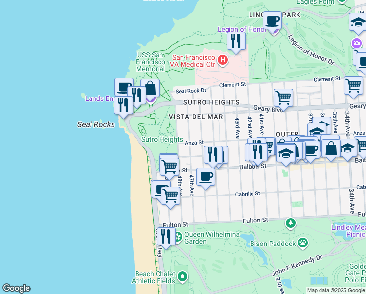 map of restaurants, bars, coffee shops, grocery stores, and more near 576 47th Avenue in San Francisco