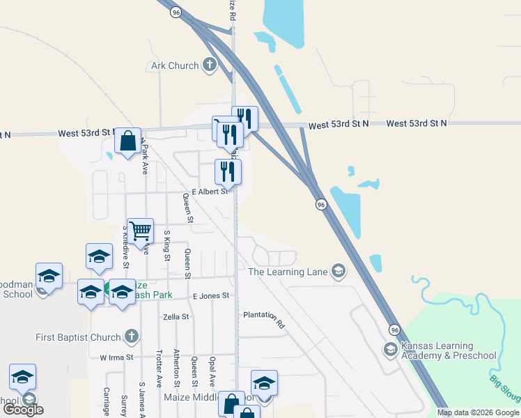 map of restaurants, bars, coffee shops, grocery stores, and more near 5100 North Maize Road in Maize