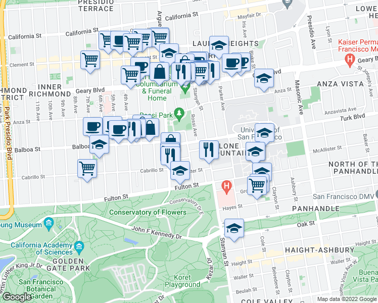 map of restaurants, bars, coffee shops, grocery stores, and more near Golden Gate Ave & N Willard St in San Francisco